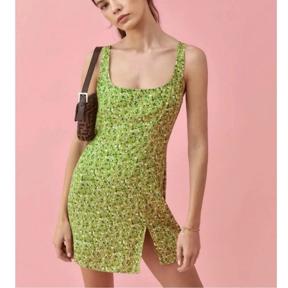 Reformation Women’s Noha Side Slit Floral Mini Dress Size 6 Green Cottagecore